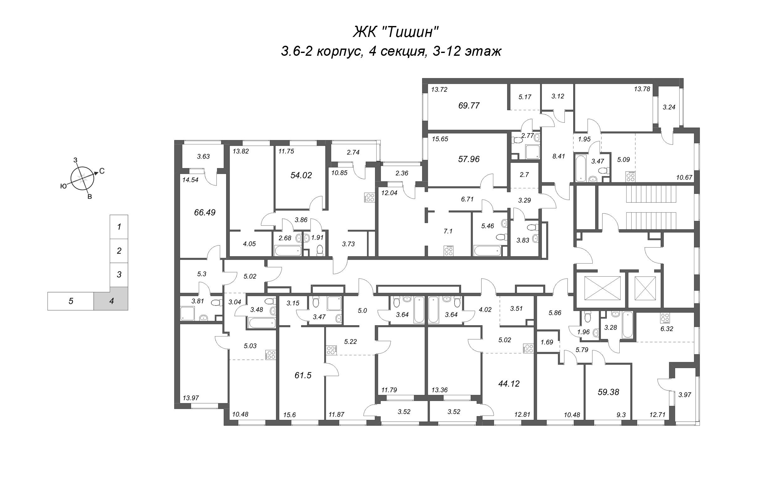 2-комнатная квартира, 54.02 м² в ЖК "Тишин" - планировка этажа