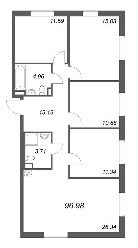 4-комнатная квартира, 96.98 м² в ЖК "Zoom на Неве" - планировка, фото №1
