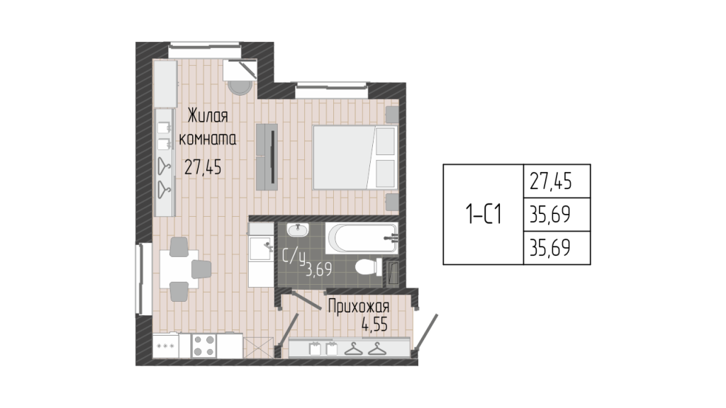Квартира-студия, 36.06 м² - планировка, фото №1