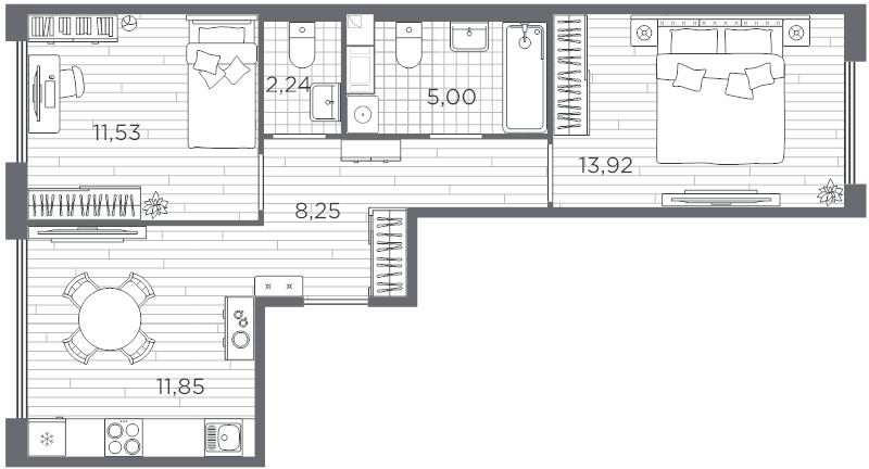 2-комнатная квартира, 52.79 м² в ЖК "PLUS Пулковский" - планировка, фото №1