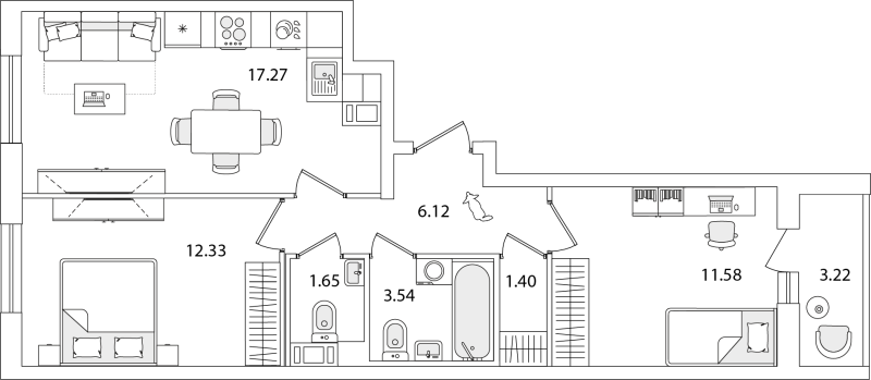 2-комнатная квартира, 55.5 м² в ЖК "Кинопарк" - планировка, фото №1