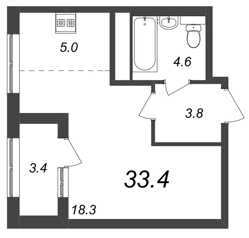 Квартира-студия, 33.3 м² в ЖК "Галактика" - планировка, фото №1