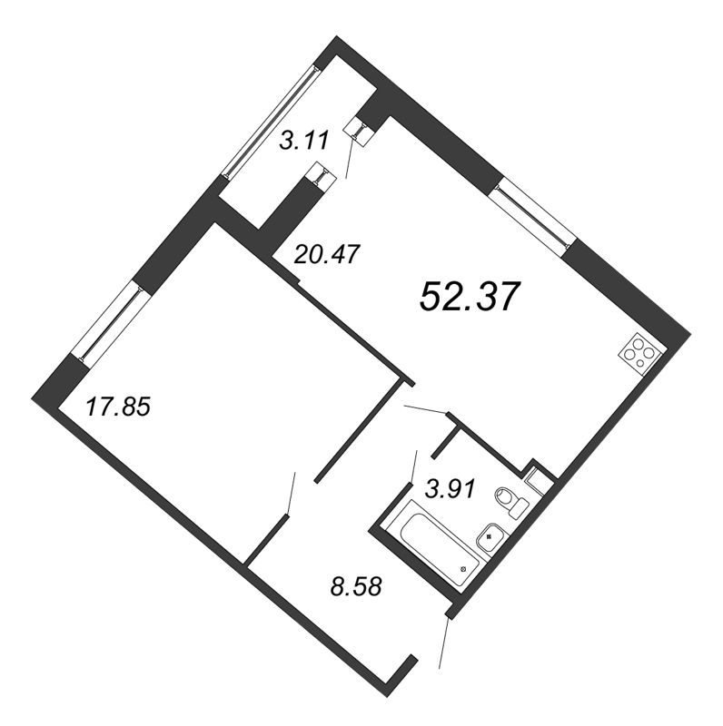 2-комнатная (Евро) квартира, 52.37 м² - планировка, фото №1