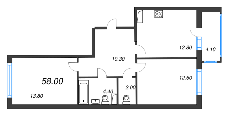 2-комнатная квартира, 58 м² - планировка, фото №1