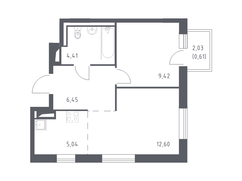 2-комнатная (Евро) квартира, 38.53 м² - планировка, фото №1