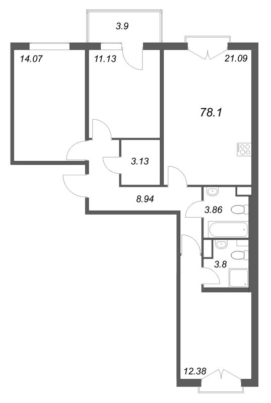 4-комнатная (Евро) квартира, 78.1 м² в ЖК "Любоград" - планировка, фото №1