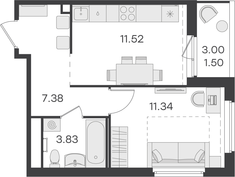1-комнатная квартира, 35.57 м² - планировка, фото №1
