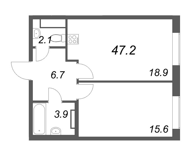 2-комнатная (Евро) квартира, 47.2 м² в ЖК "Визионер" - планировка, фото №1