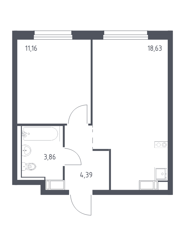 2-комнатная (Евро) квартира, 38.04 м² в ЖК "Квартал Торики" - планировка, фото №1