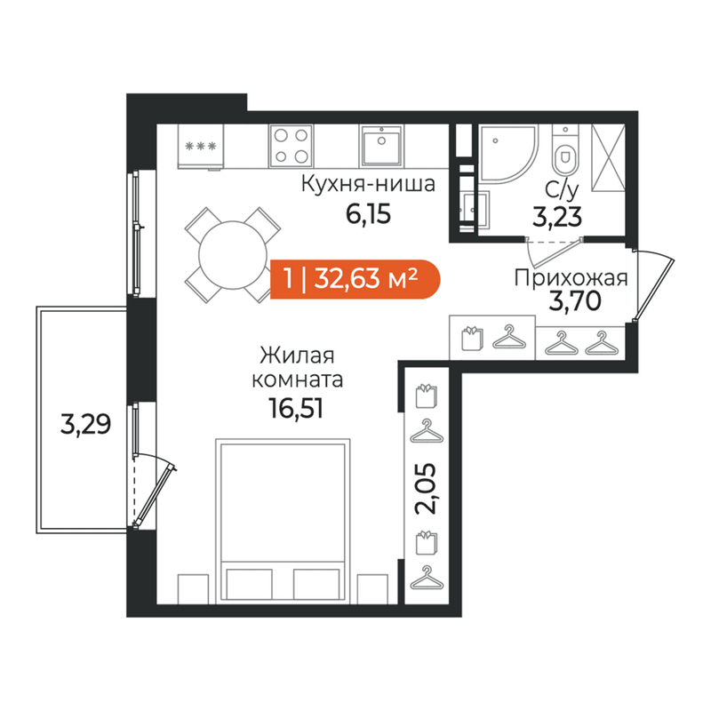 Квартира-студия, 32.63 м² в ЖК "Алгоритм Квинта" - планировка, фото №1