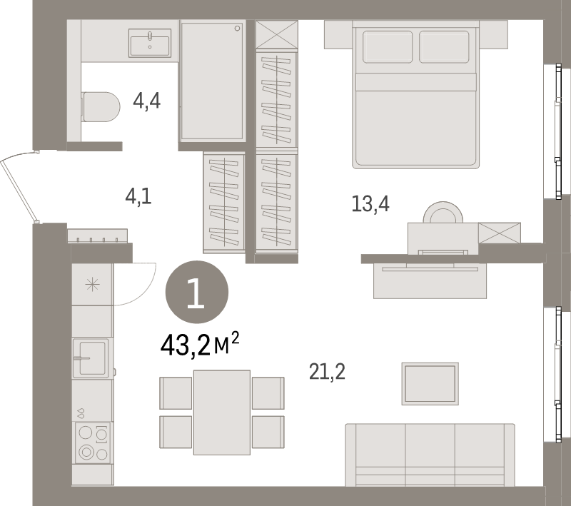2-комнатная (Евро) квартира, 43.2 м² в ЖК "Брусника в Новоселье" - планировка, фото №1