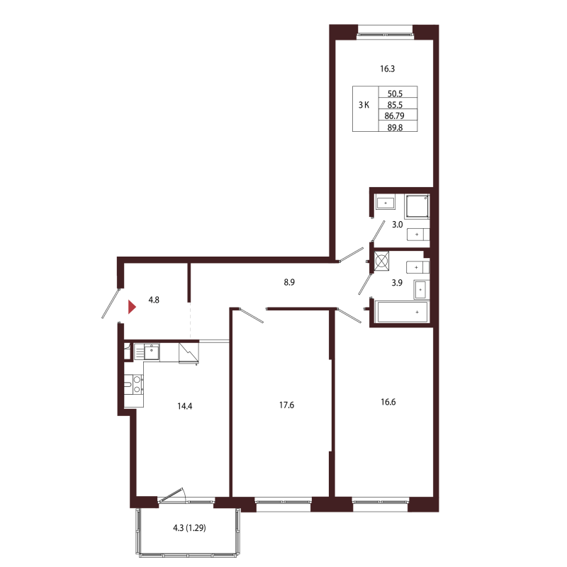 3-комнатная квартира, 86.79 м² в ЖК "Лисино" - планировка, фото №1