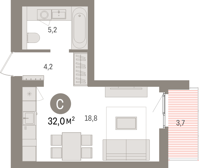 Квартира-студия, 32 м² в ЖК "Брусника в Новоселье" - планировка, фото №1