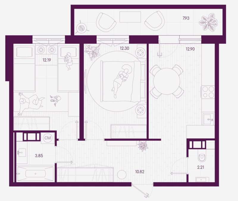 2-комнатная квартира, 56.65 м² - планировка, фото №1