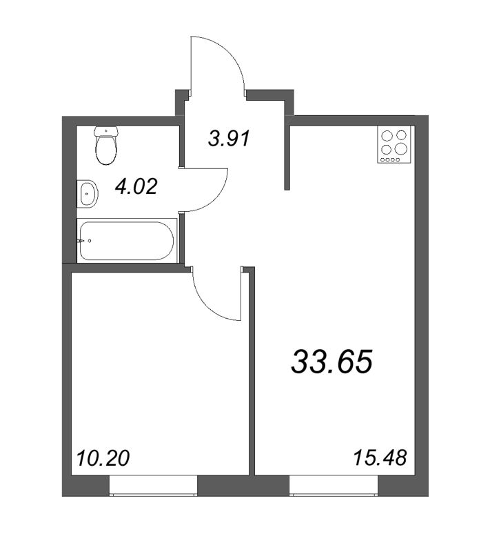 2-комнатная (Евро) квартира, 33.65 м² в ЖК "Новые горизонты" - планировка, фото №1