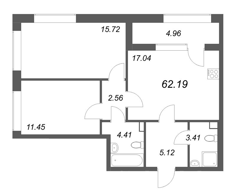 3-комнатная (Евро) квартира, 62.19 м² в ЖК "Аурум" - планировка, фото №1