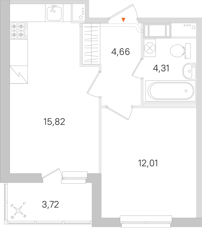 2-комнатная (Евро) квартира, 36.8 м² в ЖК "Ясно.Янино" - планировка, фото №1