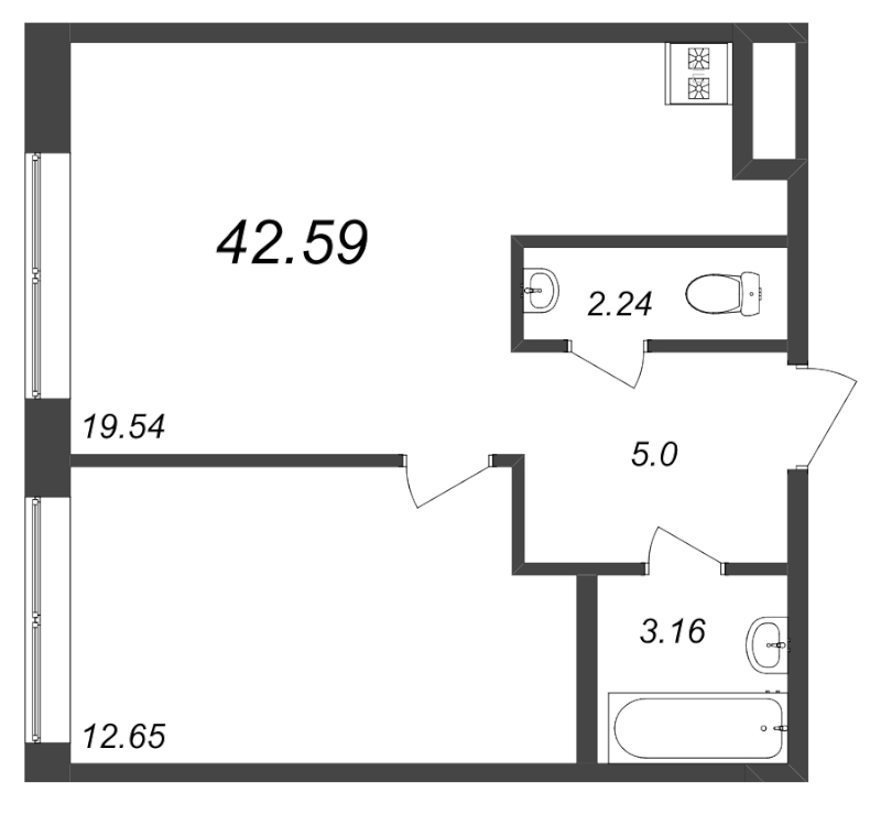 2-комнатная (Евро) квартира, 42.59 м² - планировка, фото №1