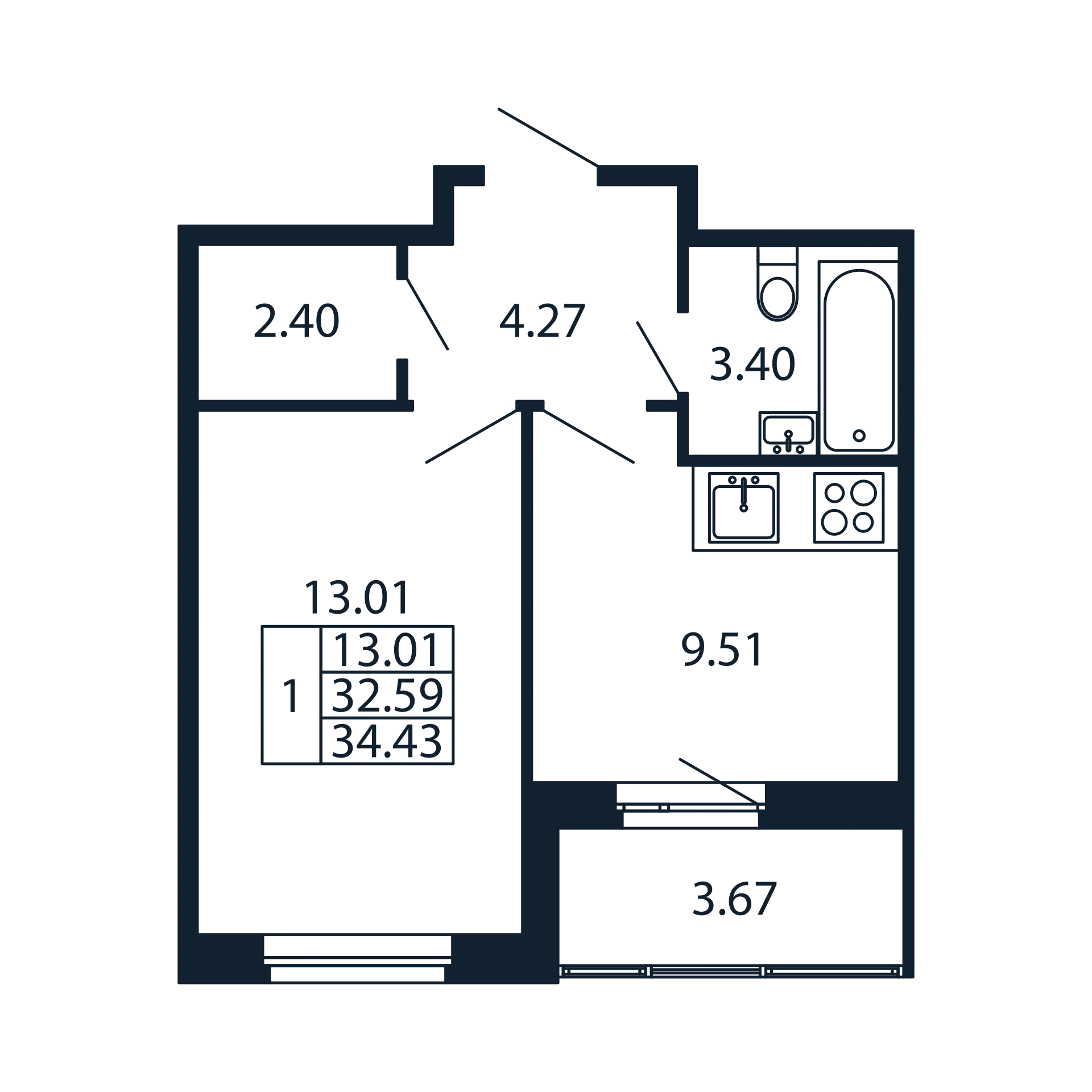 1-комнатная квартира, 32.59 м² в ЖК "Полис Новоселье" - планировка, фото №1