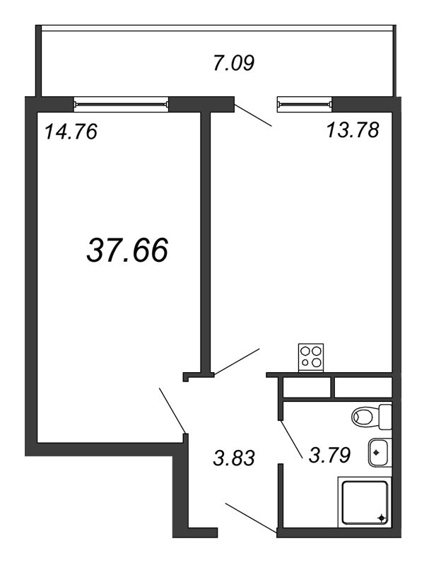 1-комнатная квартира, 38.29 м² - планировка, фото №1