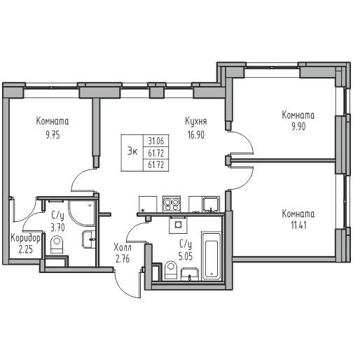 4-комнатная (Евро) квартира, 61.72 м² в ЖК "Юнтолово" - планировка, фото №1