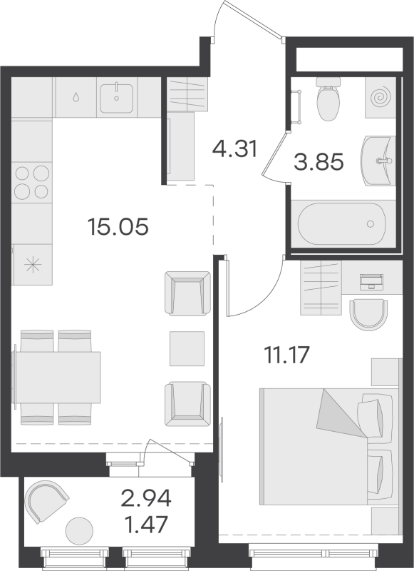 2-комнатная (Евро) квартира, 35.85 м² в ЖК "GloraX Парголово" - планировка, фото №1