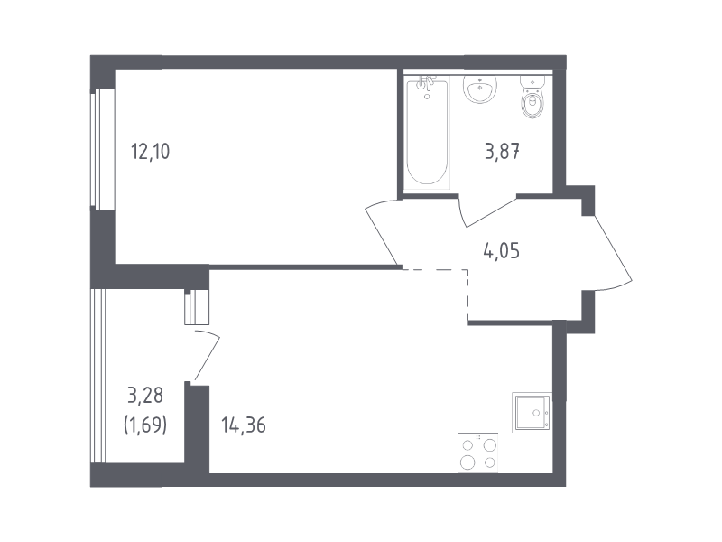 1-комнатная квартира, 36.07 м² - планировка, фото №1