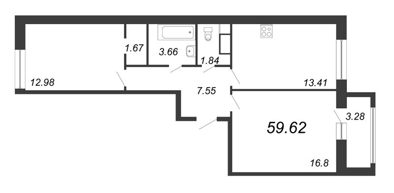 2-комнатная квартира, 59.62 м² - планировка, фото №1