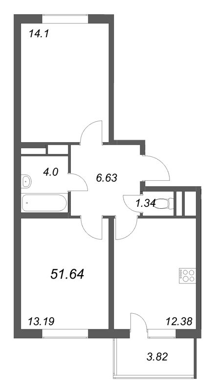 2-комнатная квартира, 51.64 м² в ЖК "ЮгТаун" - планировка, фото №1