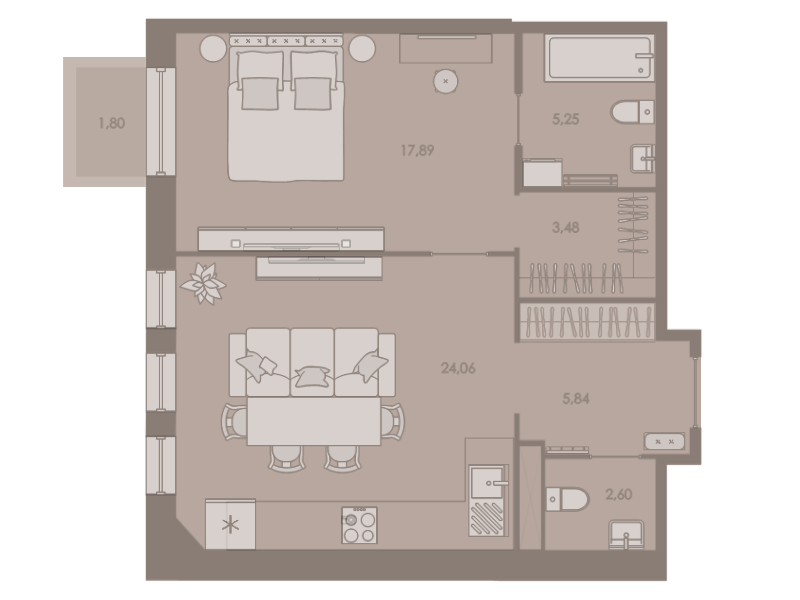 2-комнатная (Евро) квартира, 59.7 м² - планировка, фото №1
