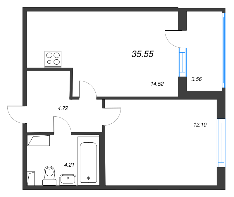 1-комнатная квартира, 35.55 м² в ЖК "Любоград" - планировка, фото №1