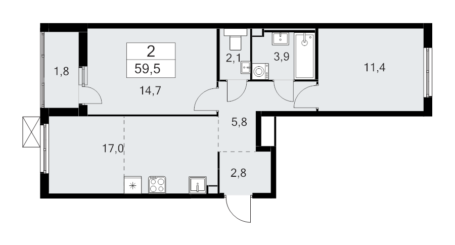 3-комнатная (Евро) квартира, 59.5 м² в ЖК "А101 Лаголово" - планировка, фото №1