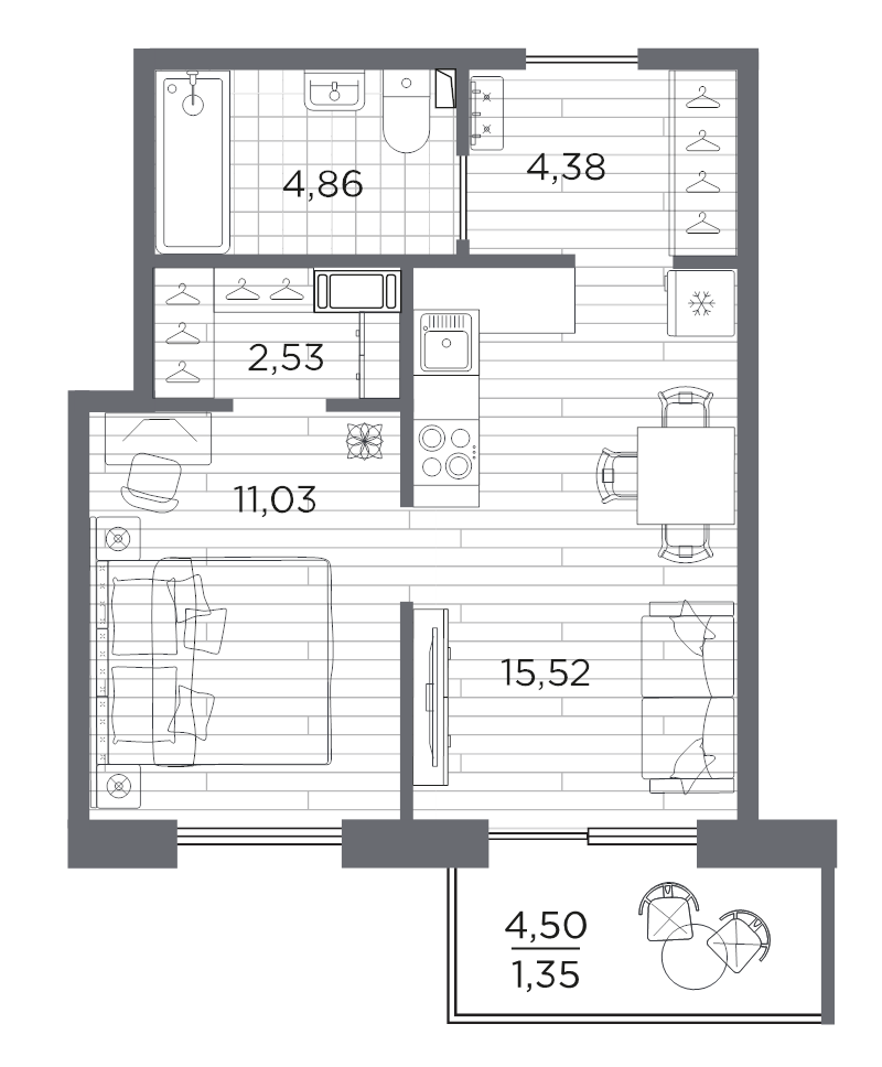 2-комнатная (Евро) квартира, 39.66 м² в ЖК "Сезоны" - планировка, фото №1