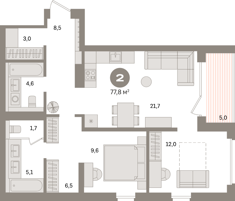 3-комнатная (Евро) квартира, 77.9 м² в ЖК "Северный ветер" - планировка, фото №1