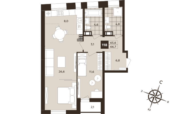 2-комнатная (Евро) квартира, 65.6 м² в ЖК "Дом на Бронницкой" - планировка, фото №1