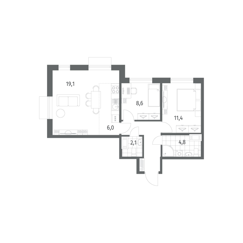 3-комнатная (Евро) квартира, 59.4 м² в ЖК "Парусная 1" - планировка, фото №1