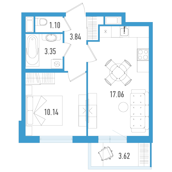 2-комнатная (Евро) квартира, 36.58 м² в ЖК "AEROCITY" - планировка, фото №1