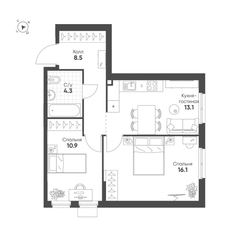 2-комнатная квартира, 52.9 м² в ЖК "Ягодное Река Парк" - планировка, фото №1