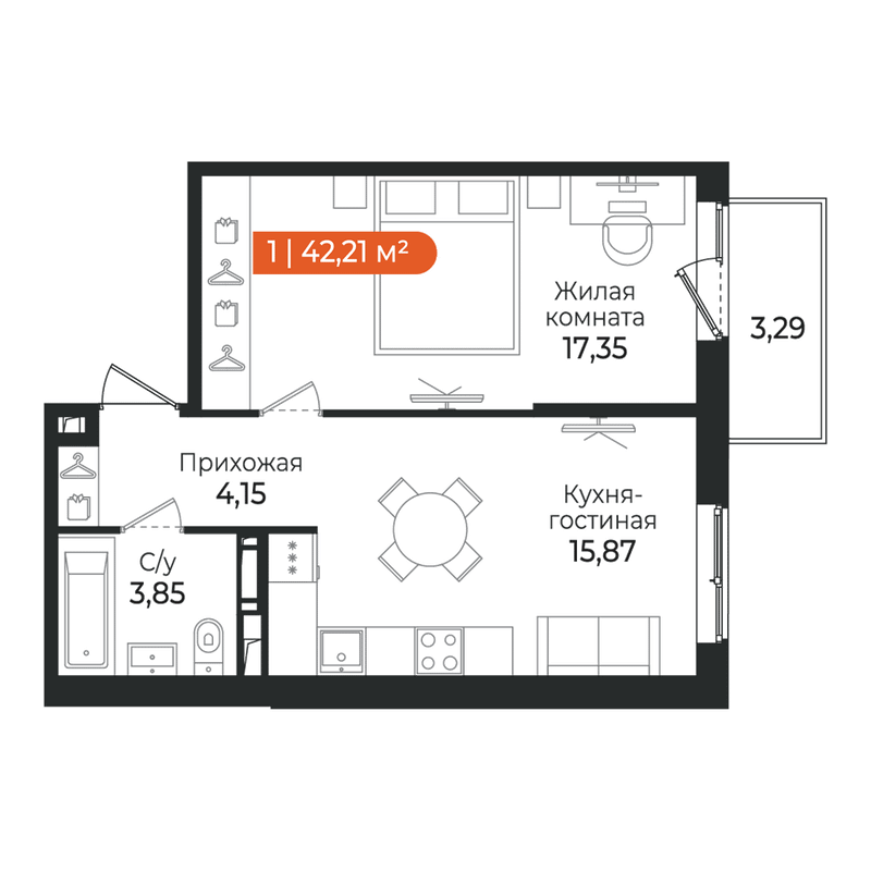 2-комнатная (Евро) квартира, 42.21 м² в ЖК "Алгоритм Квинта" - планировка, фото №1