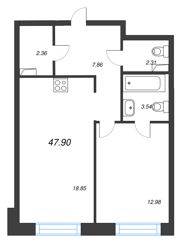 2-комнатная (Евро) квартира, 47.9 м² в ЖК "Остров Первых" - планировка, фото №1