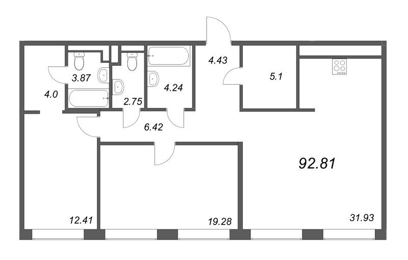 3-комнатная (Евро) квартира, 92.81 м² - планировка, фото №1