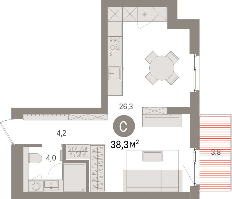 Квартира-студия, 38.3 м² в ЖК "Брусника в Новоселье" - планировка, фото №1