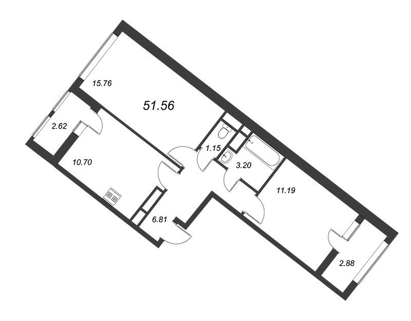 2-комнатная квартира, 51.4 м² в ЖК "New Time" - планировка, фото №1