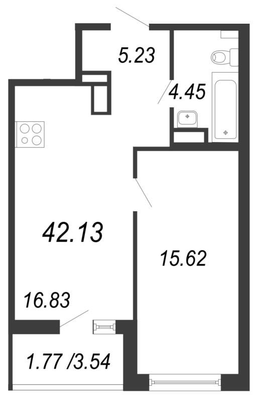 2-комнатная (Евро) квартира, 42.13 м² - планировка, фото №1