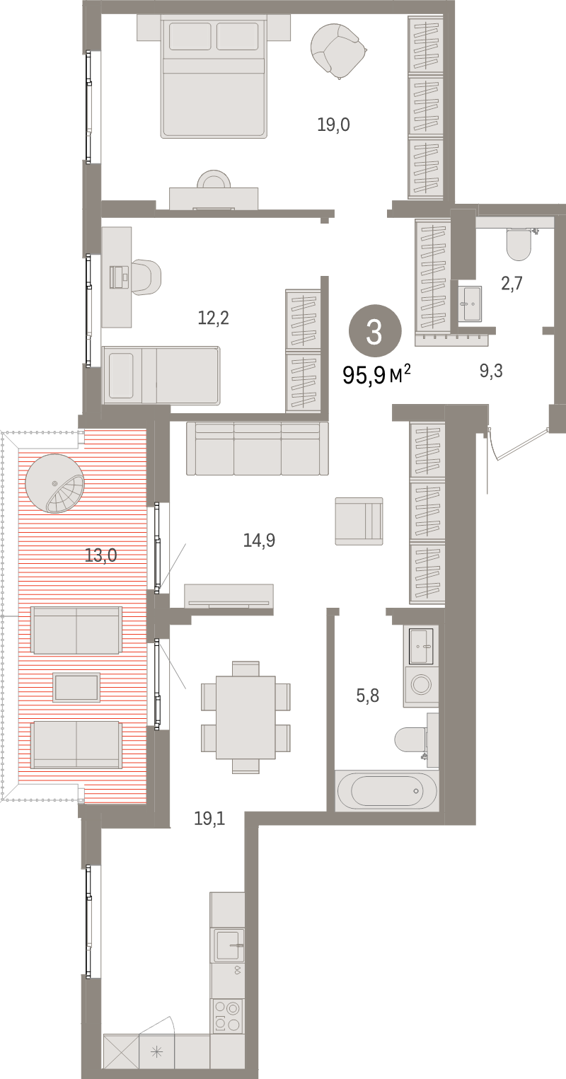 4-комнатная (Евро) квартира, 95.9 м² в ЖК "Брусника в Новоселье" - планировка, фото №1
