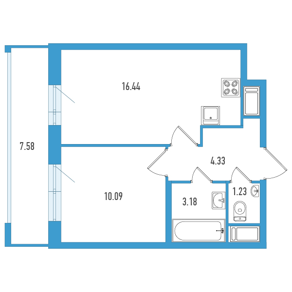 2-комнатная (Евро) квартира, 37.54 м² в ЖК "Искра-Сити" - планировка, фото №1