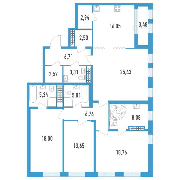 4-комнатная квартира, 136.85 м² в ЖК "Дефанс Премиум" - планировка, фото №1