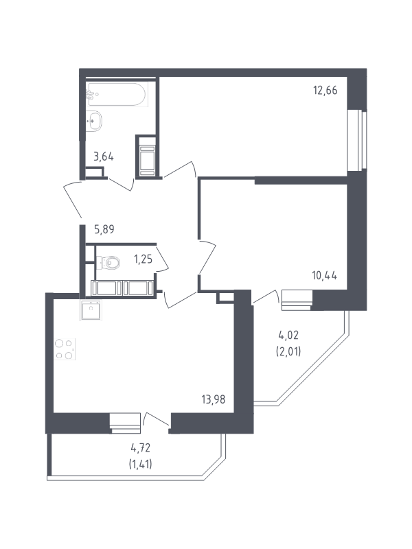 2-комнатная квартира, 51.28 м² в ЖК "Живи! В Рыбацком" - планировка, фото №1
