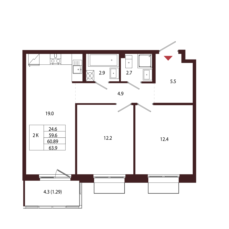 3-комнатная (Евро) квартира, 60.89 м² в ЖК "Лисино" - планировка, фото №1