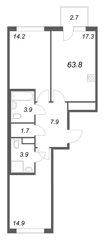 3-комнатная (Евро) квартира, 63.8 м² в ЖК "Гений" - планировка, фото №1